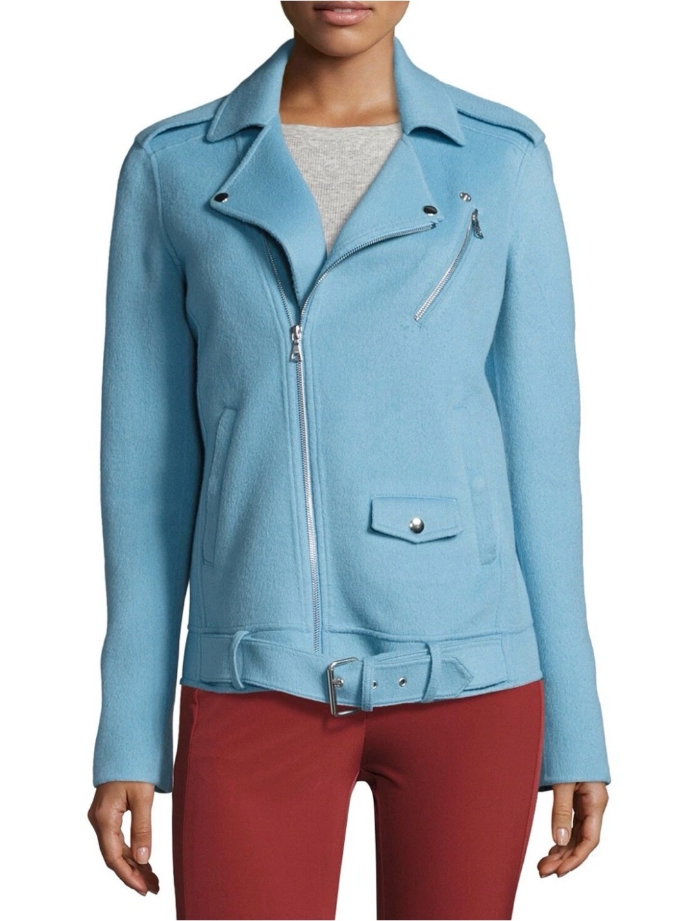 Theory trasmin DF cashmere wool moto light blue jacket